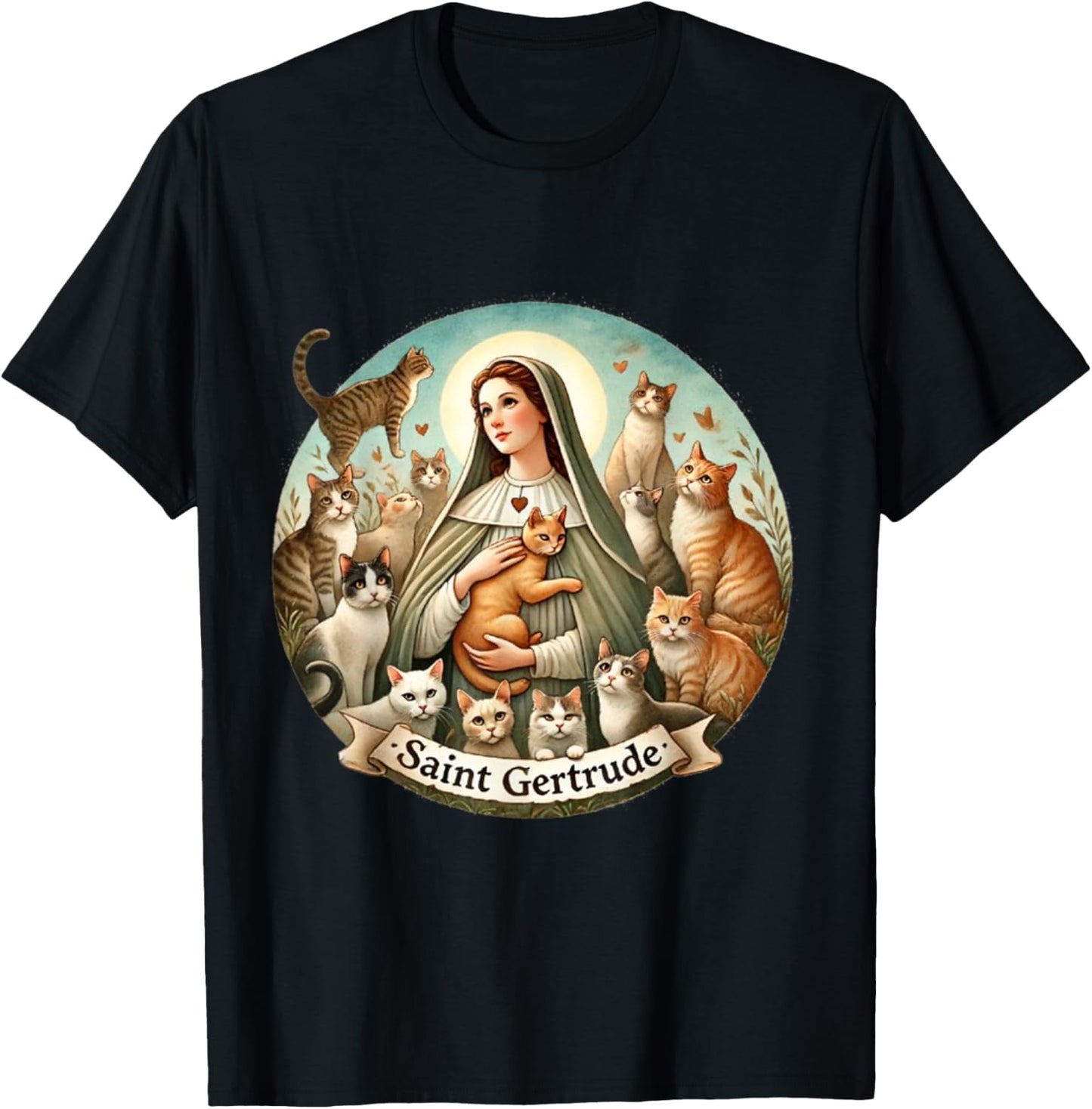 Saint Gertrude Patron of Cats Love Cats Catholic Saint Kitty T-Shirt - T-Shirt | Black