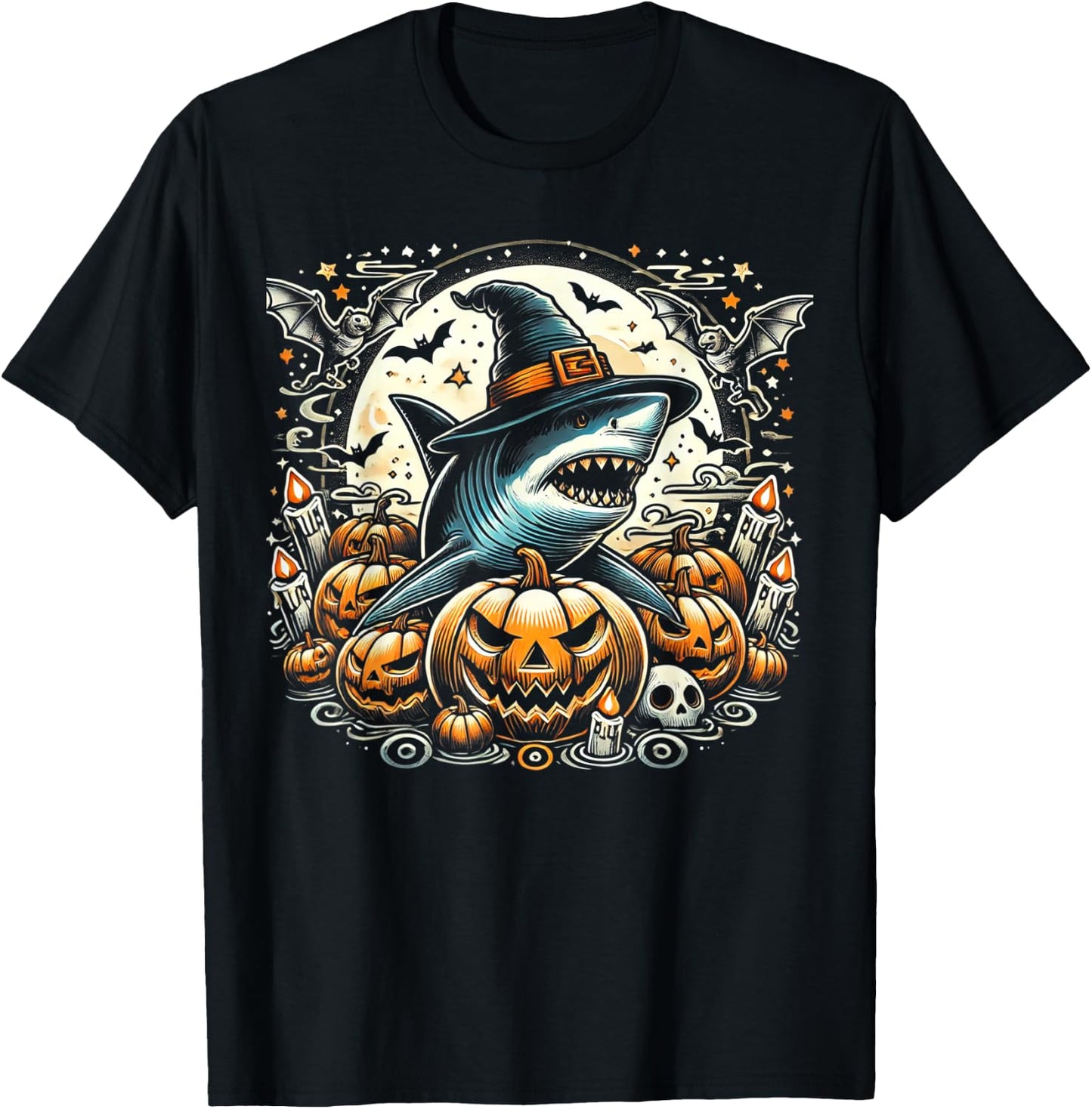 Shark Witch Halloween - Spooky Pumpkin Art T-Shirt - T-Shirt | Black
