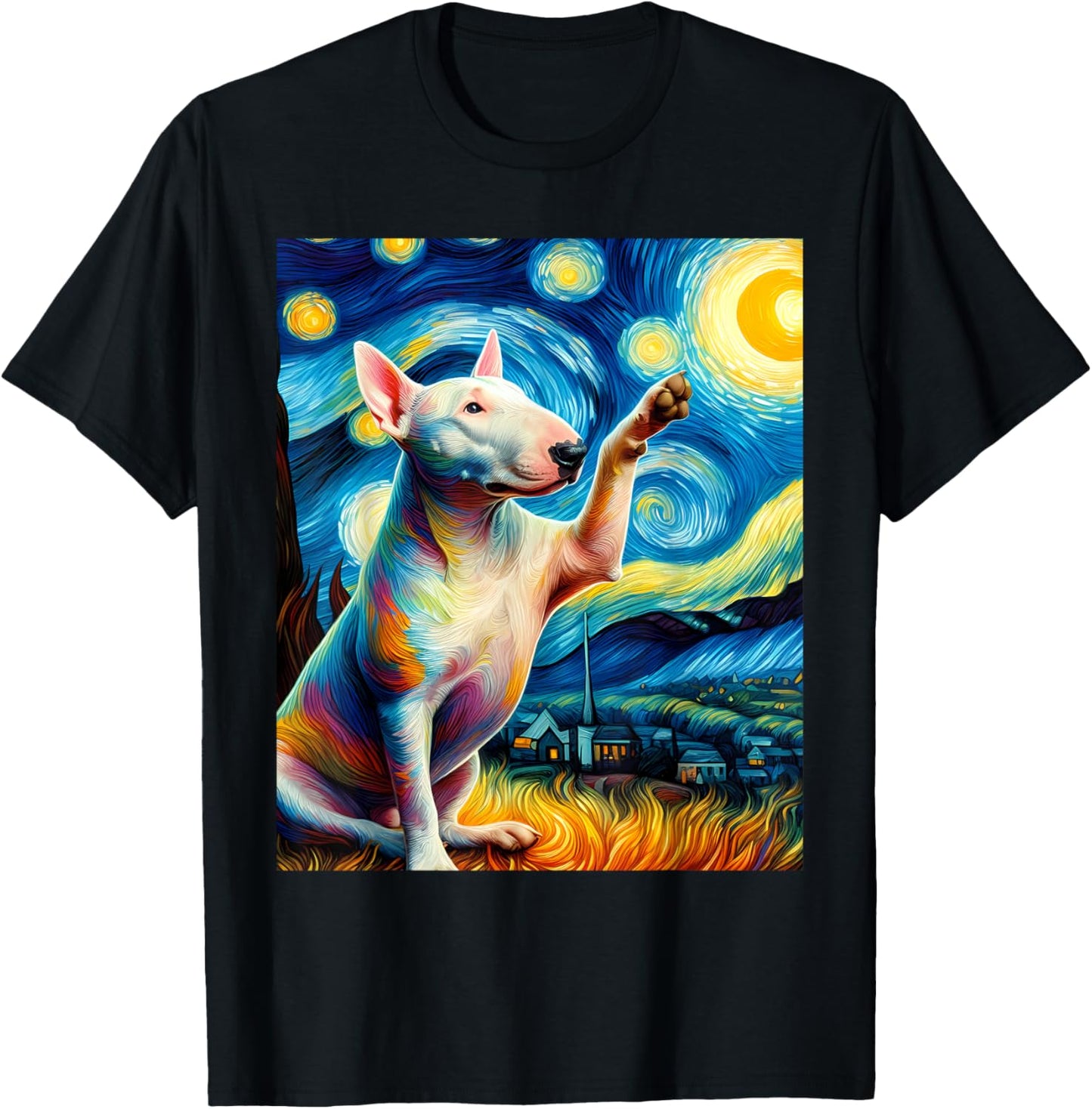 American Bull Terrier Dog Starry Night Painting T-Shirt - T-Shirt | Black