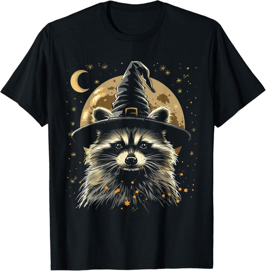 Raccoon Halloween Wizard Hat Funny Cute Witch Costume T-Shirt - T-Shirt | Black