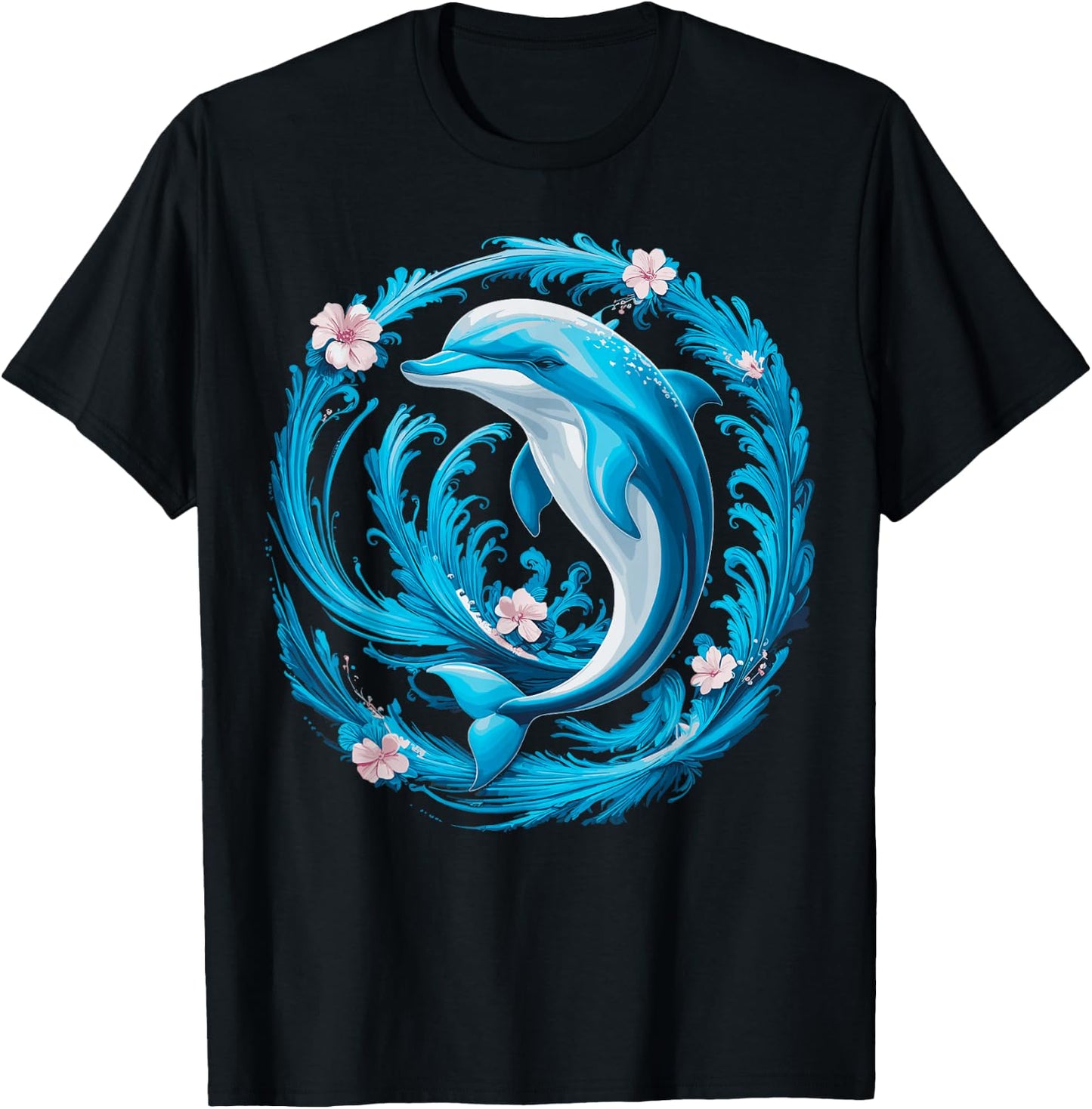 Cute Dolphin Floral T-Shirt - T-Shirt | Black