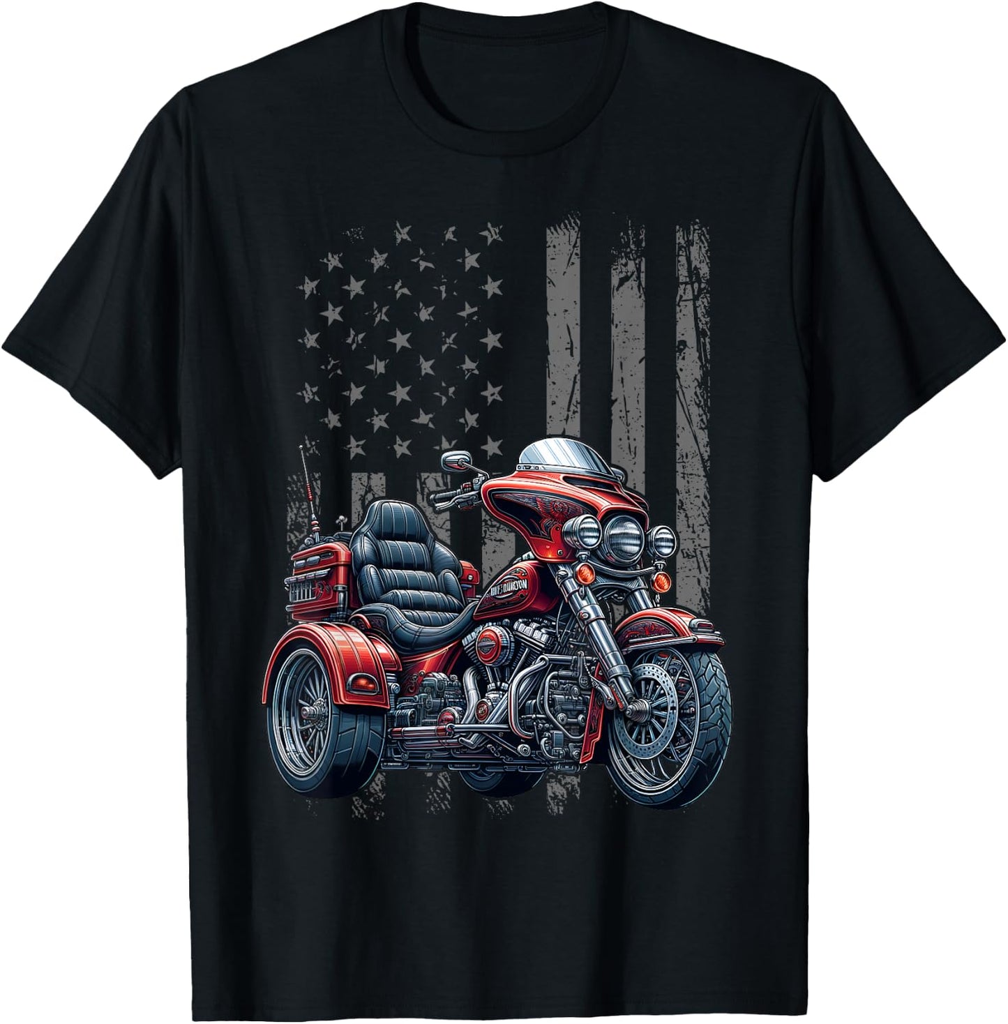 3 Wheels Motorcycle Trike Patriotic American Flag Trike T-Shirt - T-Shirt | Black