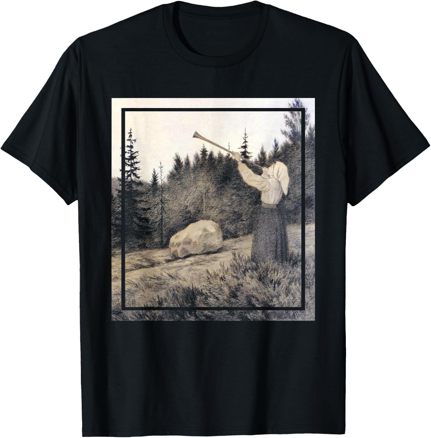 Op under Fjeldet toner en Lur - Kittelsen Black Metal Art T-Shirt - T-Shirt | Black