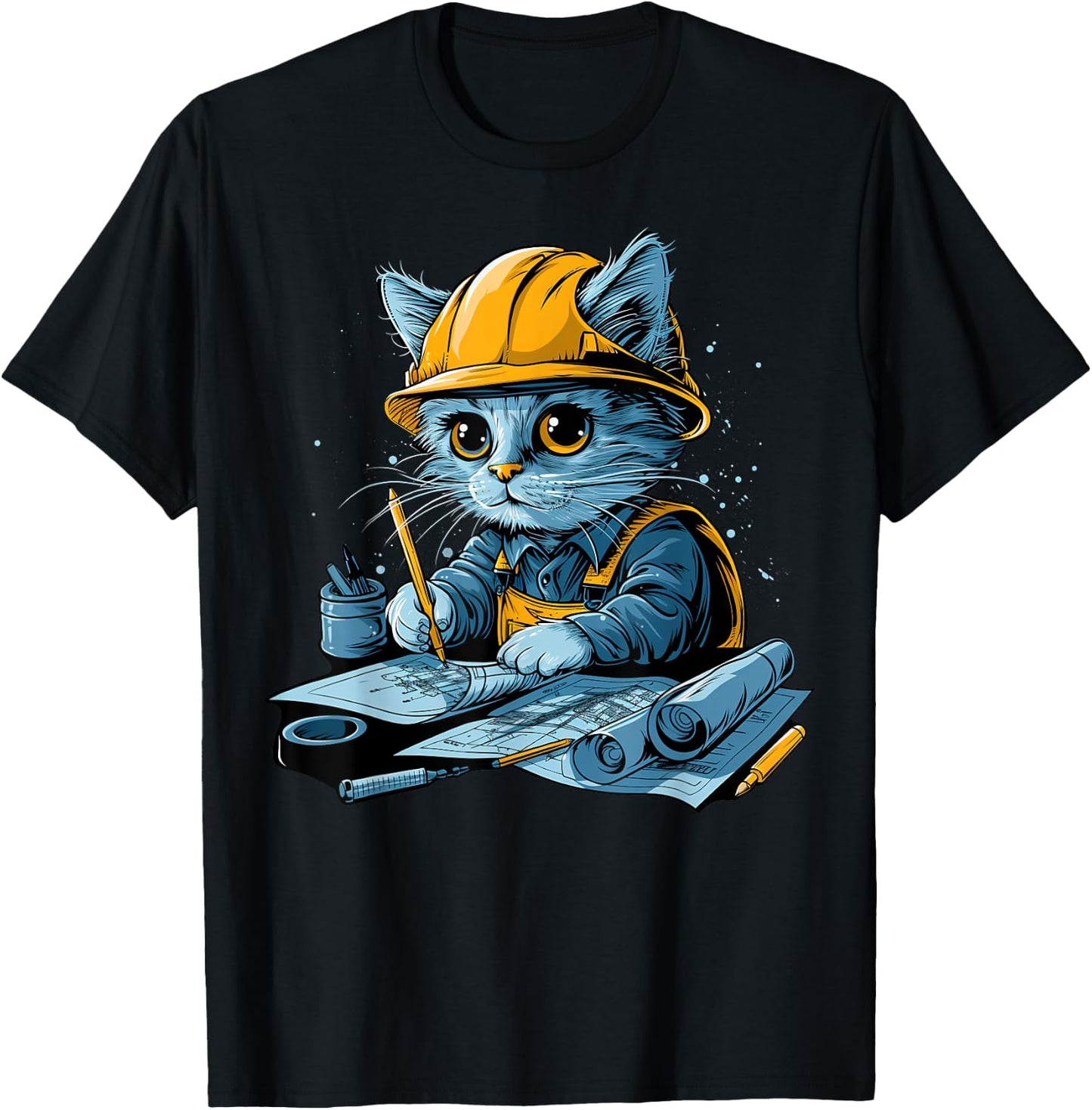 Cute working Cat Civil Engineer Technician Men Women T-Shirt - T-Shirt | Black