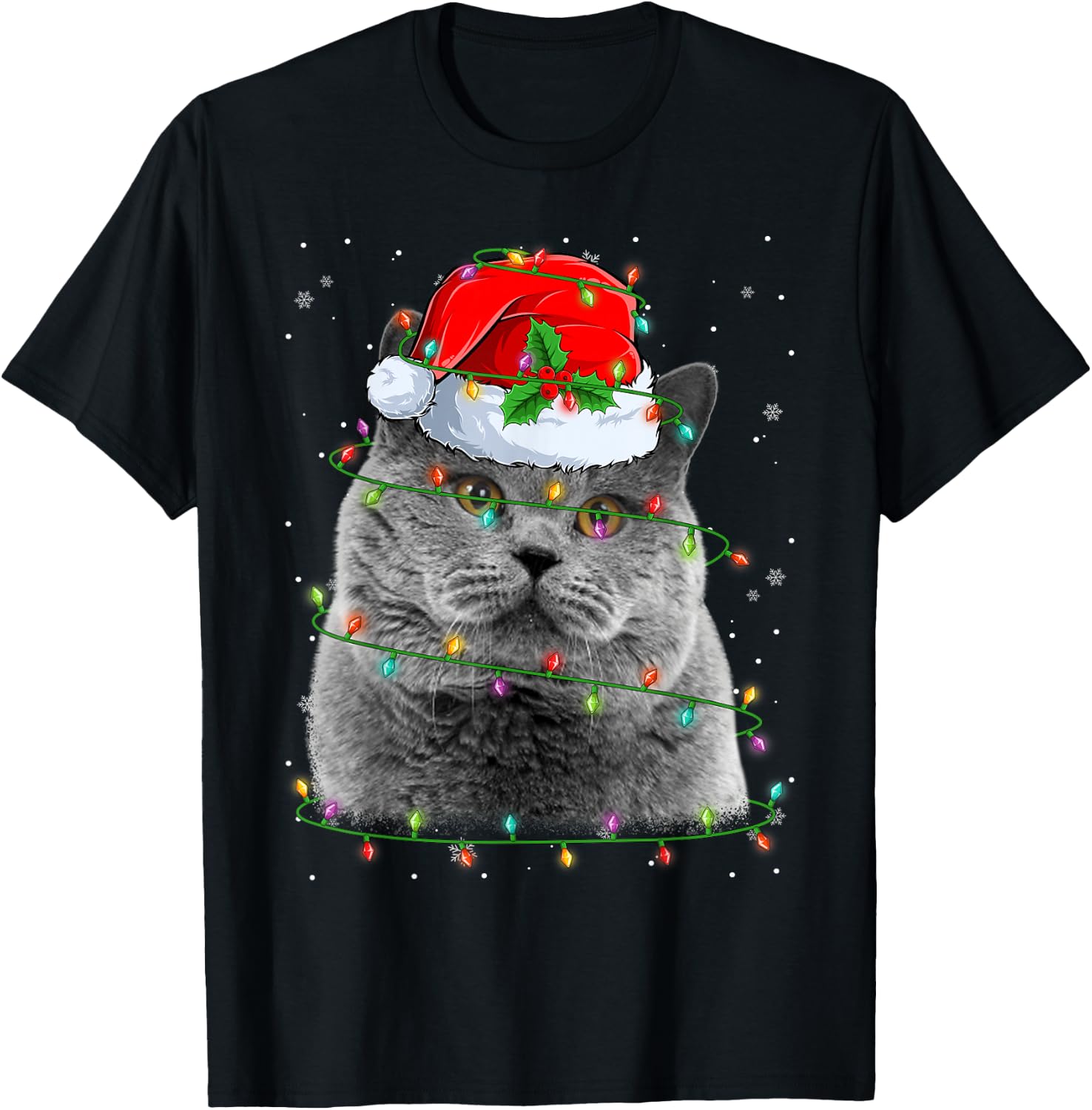 Funny British Shorthair Cat Santa Hat Christmas Tree Lights T-Shirt - T-Shirt | Black