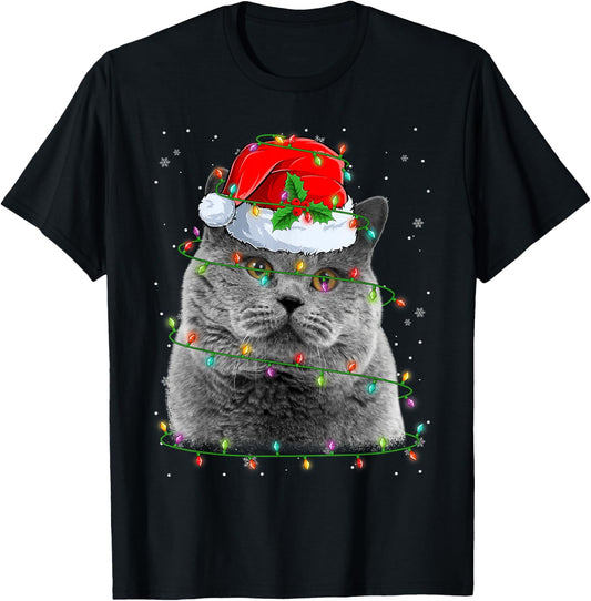 Funny British Shorthair Cat Santa Hat Christmas Tree Lights T-Shirt - T-Shirt | Black