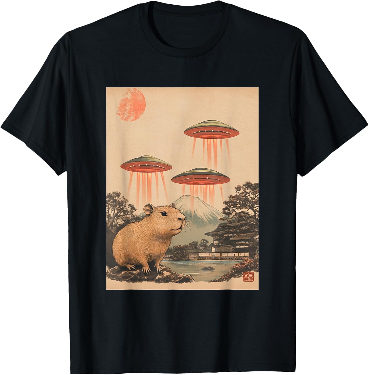 Vintage Japan Art Japanese Retro Print Capybara with UFOs T-Shirt - T-Shirt | Black