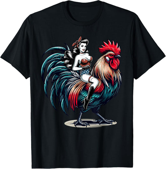 Pin-Up Girl Riding Rooster Vintage Patriotic T-Shirt - T-Shirt | Black