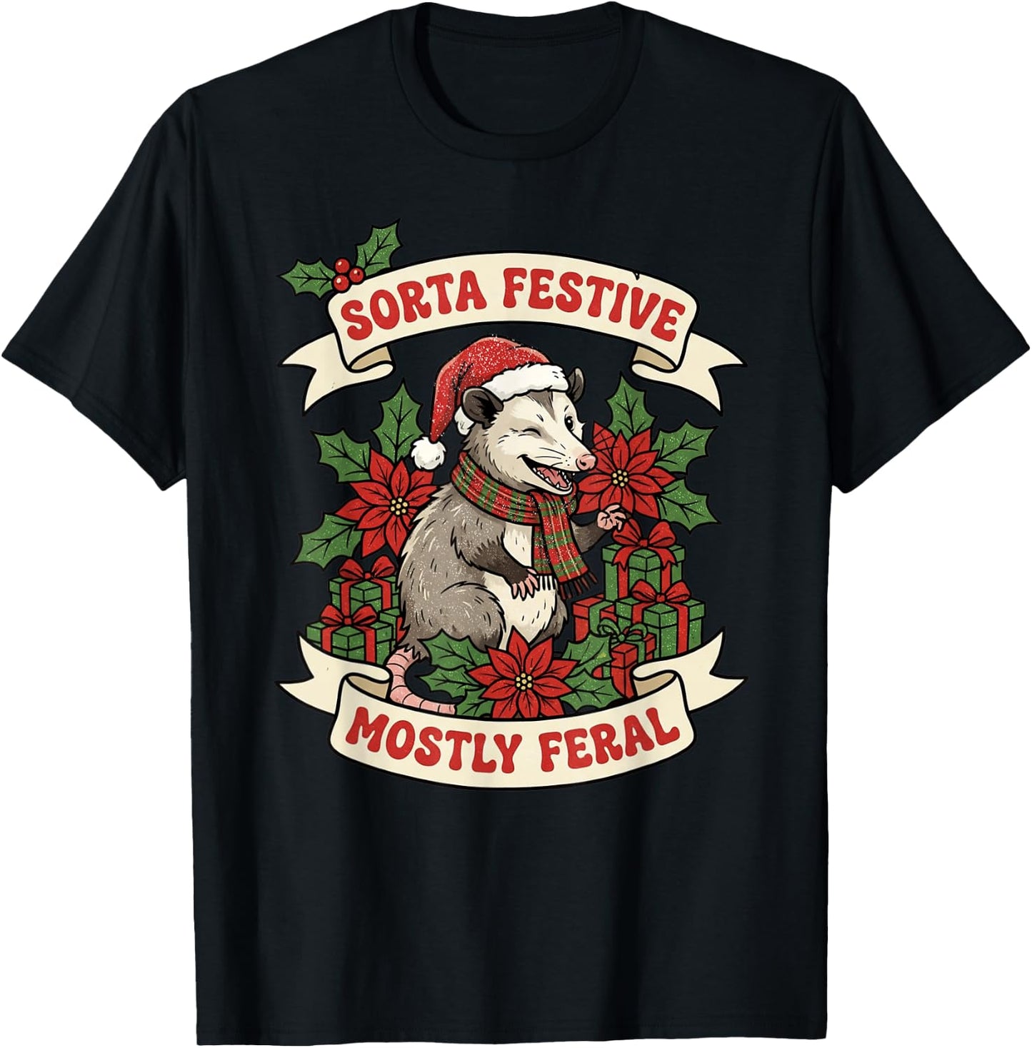 Sorta Festive Mostly Feral Opossum Funny Christmas Holiday T-Shirt - T-Shirt | Black