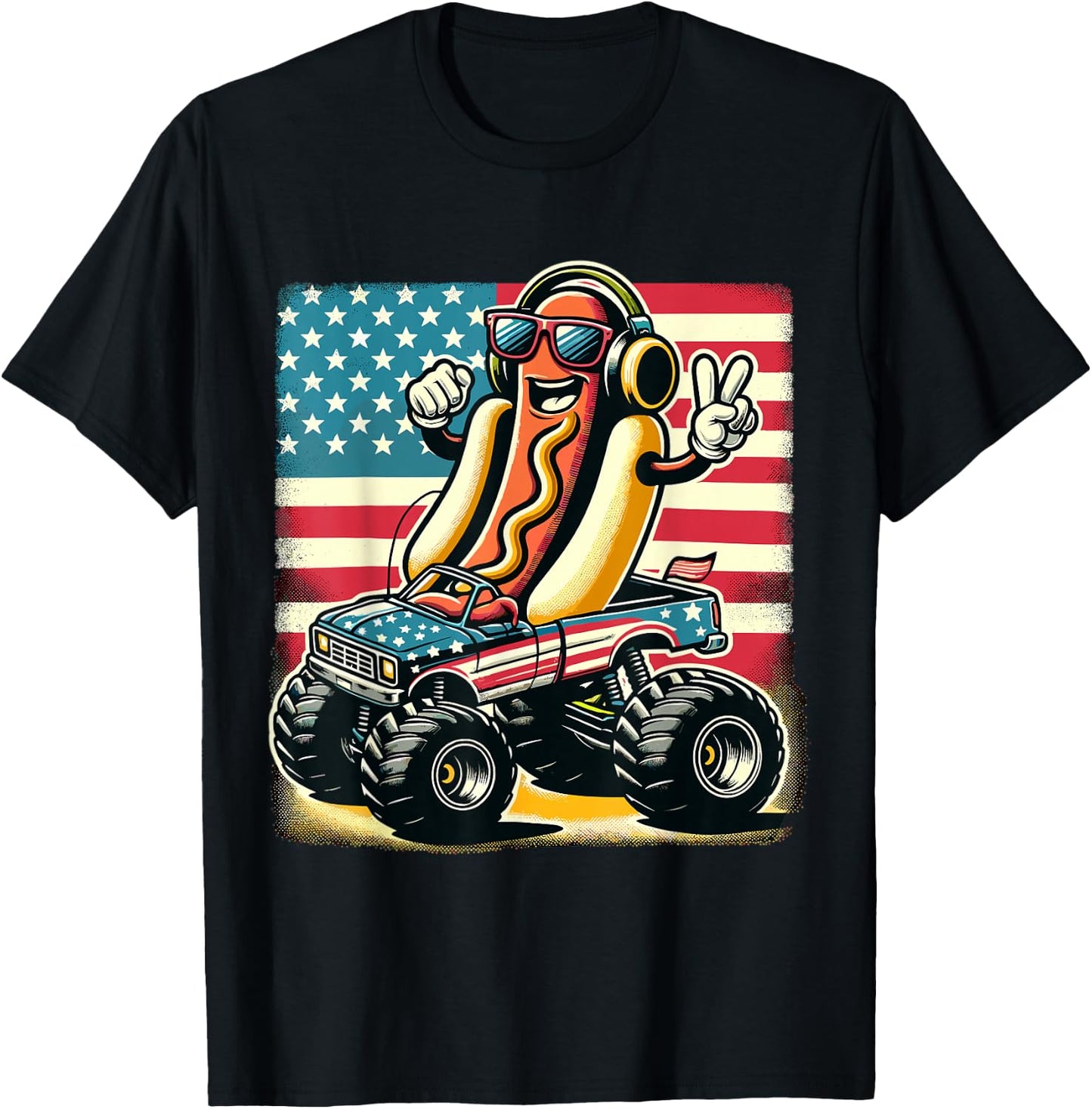Monster Truck 4th Of July Hotdog Peace Sign American Flag T-Shirt - T-Shirt | Black
