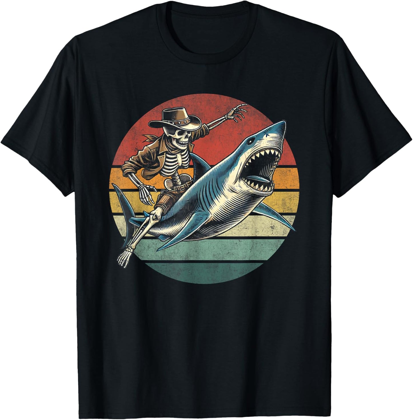Skeleton Rodeo Shark Funny Vintage Skeleton Riding Shark T-Shirt - T-Shirt | Black