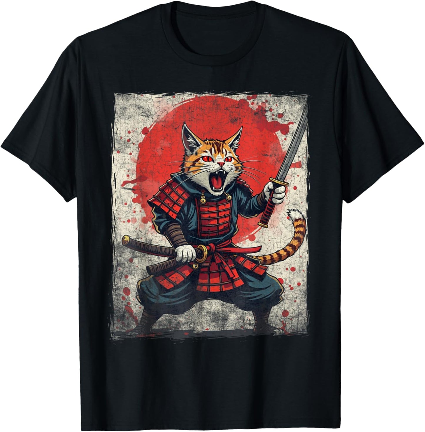Samurai Cat Ukiyo-e Warrior Art Vintage Ninja Cat Graphic T-Shirt - T-Shirt | Black