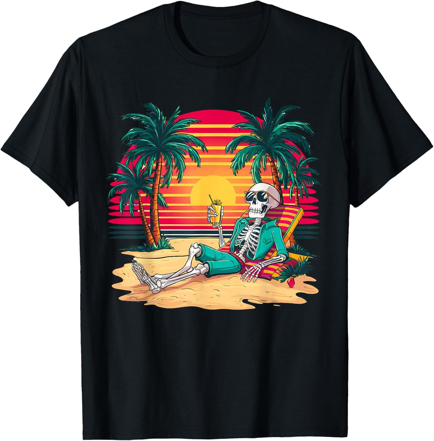 Funny Skeleton On Tropical Island Beach Retro Women Kids T-Shirt - T-Shirt | Black