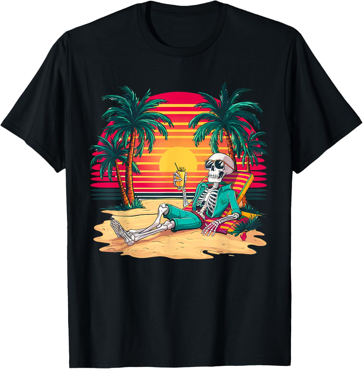 Funny Skeleton On Tropical Island Beach Retro Women Kids T-Shirt - T-Shirt | Black