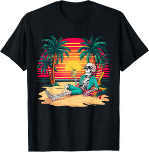 Funny Skeleton On Tropical Island Beach Retro Women Kids T-Shirt - T-Shirt | Black