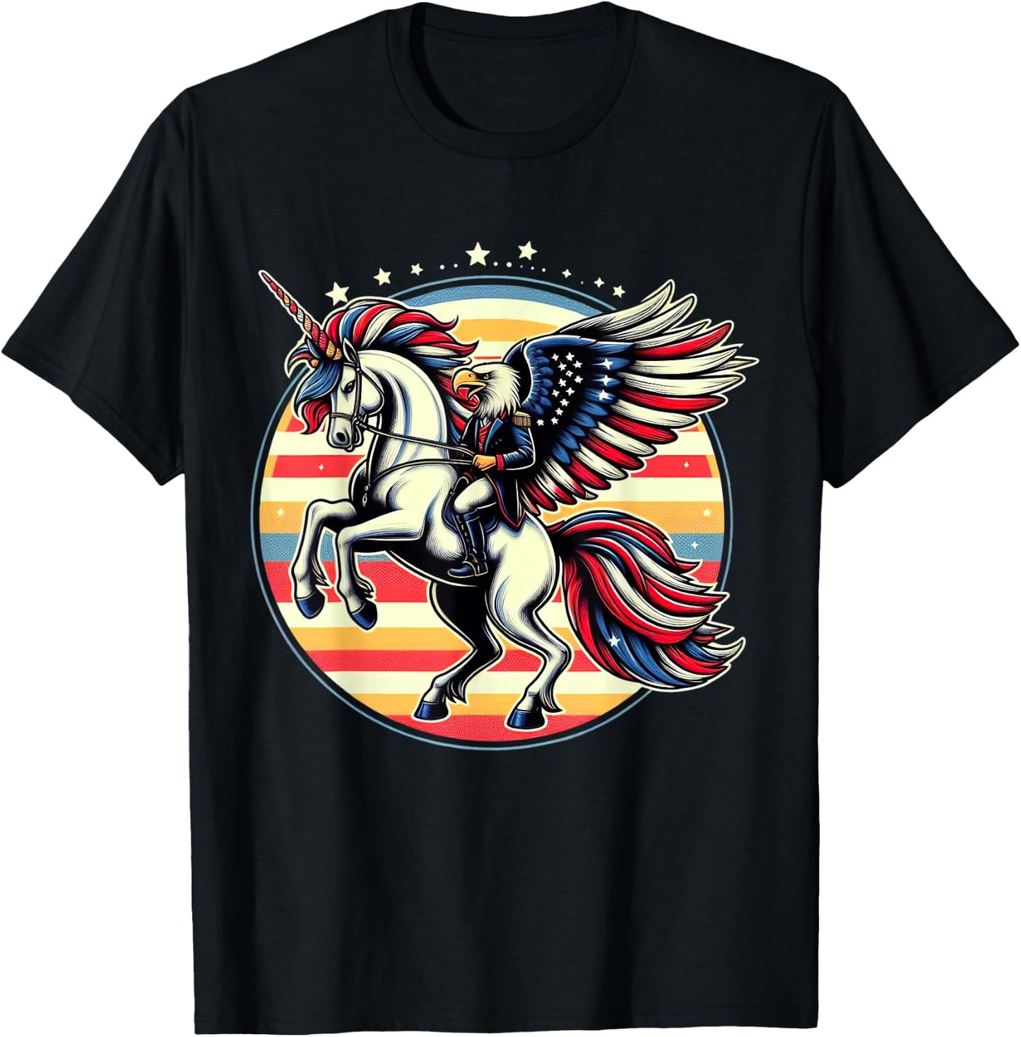 Bald Eagle Riding Unicorn 4th Of July American Flag Women Kids Men T-Shirt - T-Shirt | Black