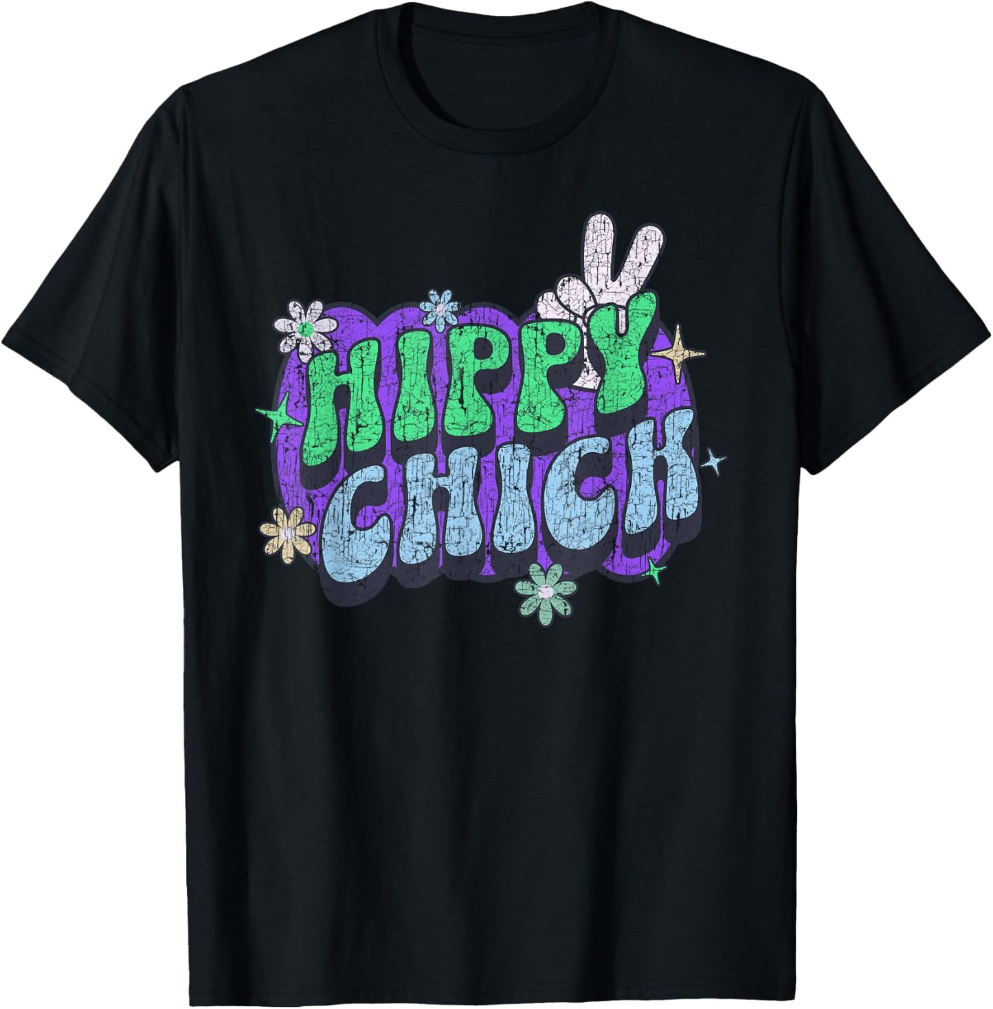 Hippy Chick, Women Girl Cute Retro Saying Hippie Floral T-Shirt - T-Shirt | Black