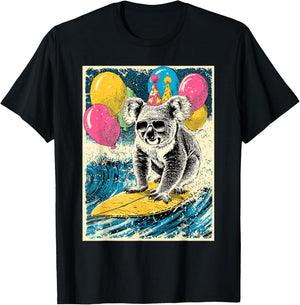 Koala Surfing Birthday Party Themed Balloons Retro Art T-Shirt - T-Shirt | Black