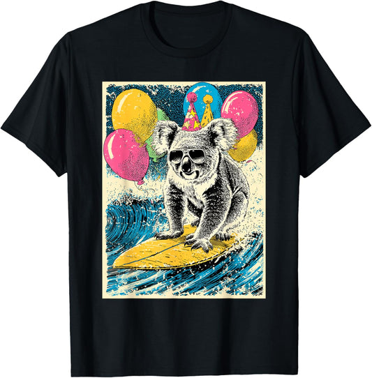Koala Surfing Birthday Party Themed Balloons Retro Art T-Shirt - T-Shirt | Black
