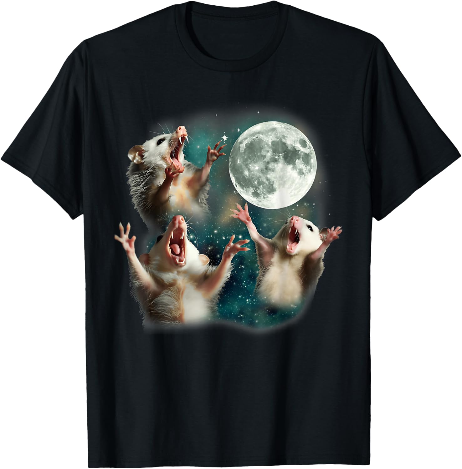 Three Possum Moon 3 Opossum Funny Weird Cursed Dank Meme T-Shirt - T-Shirt | Black