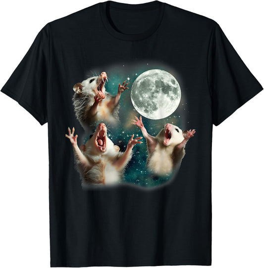 Three Possum Moon 3 Opossum Funny Weird Cursed Dank Meme T-Shirt - T-Shirt | Black