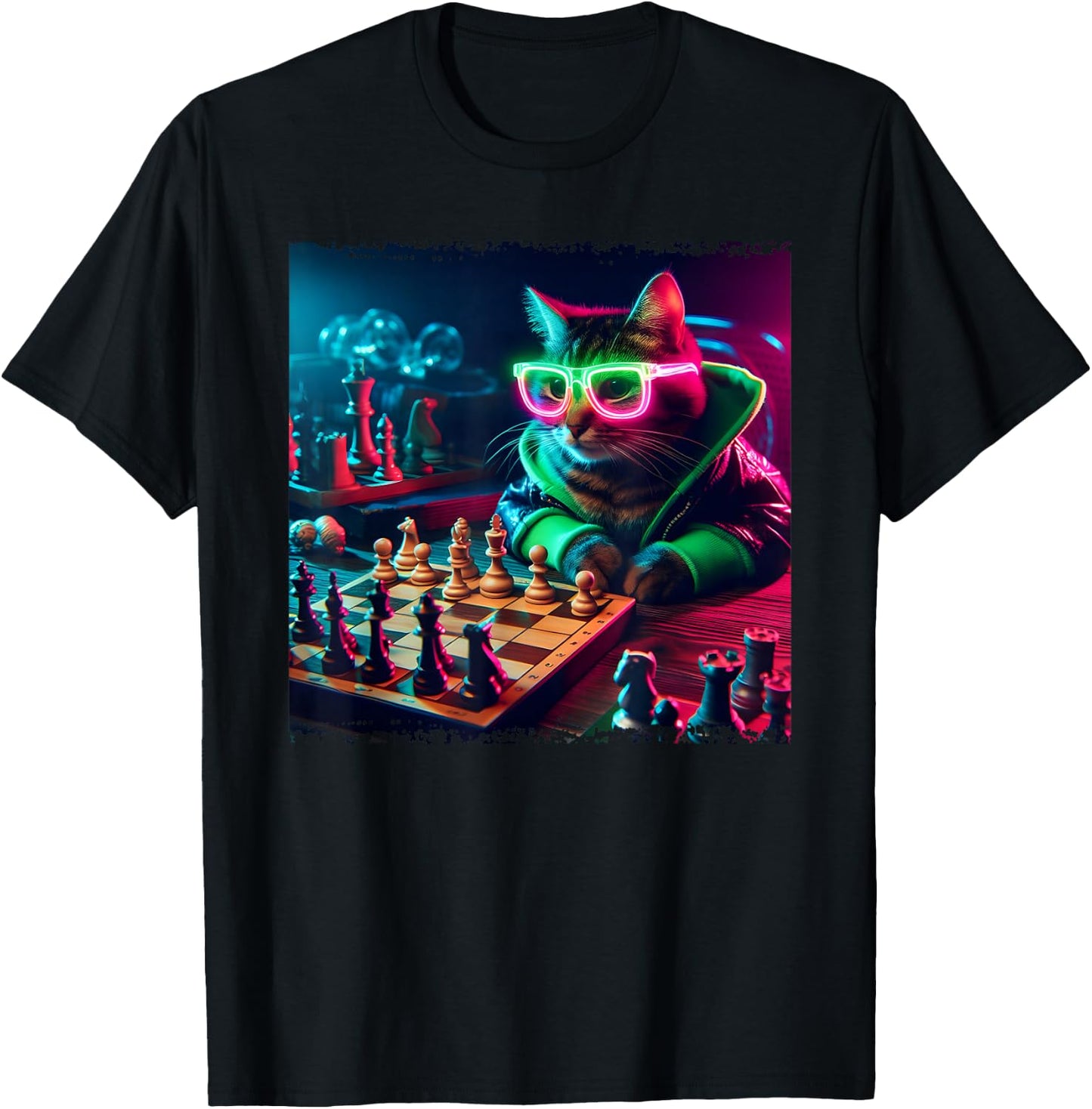 Stylish Cat Playing Chess T-Shirt - T-Shirt | Black