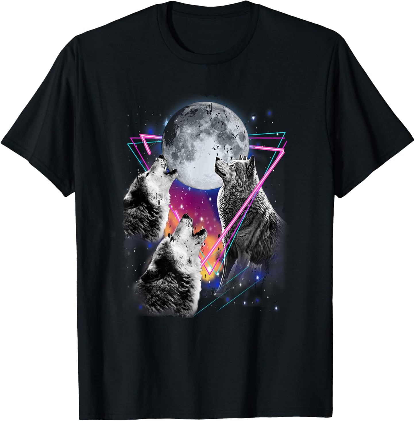 Epic 3 Wolves Howling At Moon 80s Style Wolf T-Shirt - T-Shirt | Black