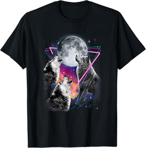 Epic 3 Wolves Howling At Moon 80s Style Wolf T-Shirt - T-Shirt | Black