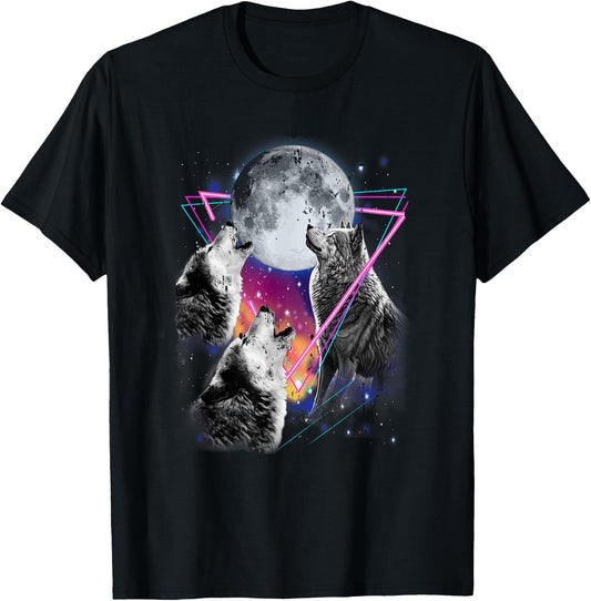 Epic 3 Wolves Howling At Moon 80s Style Wolf T-Shirt - T-Shirt | Black