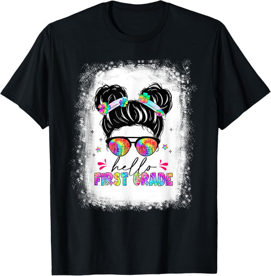 Hello First Grade shirt messy bun tie dye back to school T-Shirt - T-Shirt | Black
