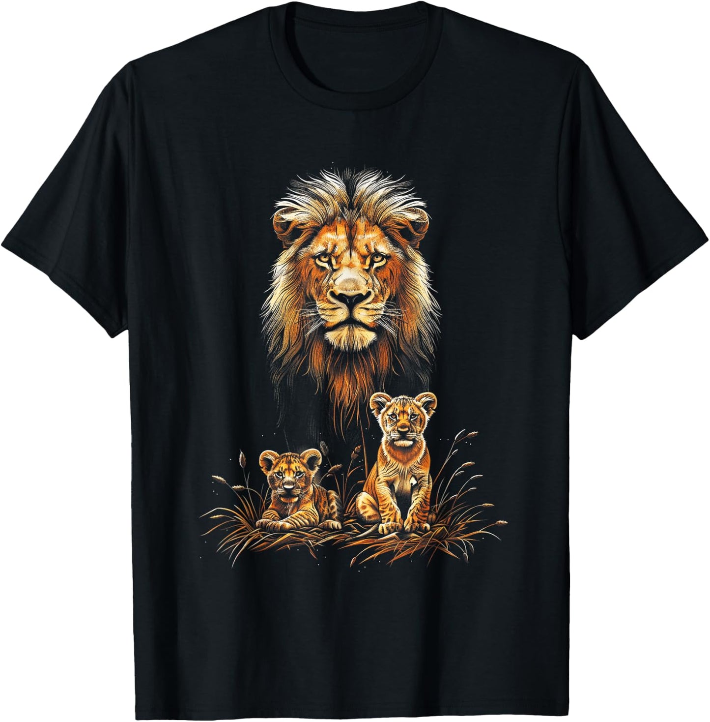 Lion Father Cubs Majestically Wildlife Jungle T-Shirt - T-Shirt | Black