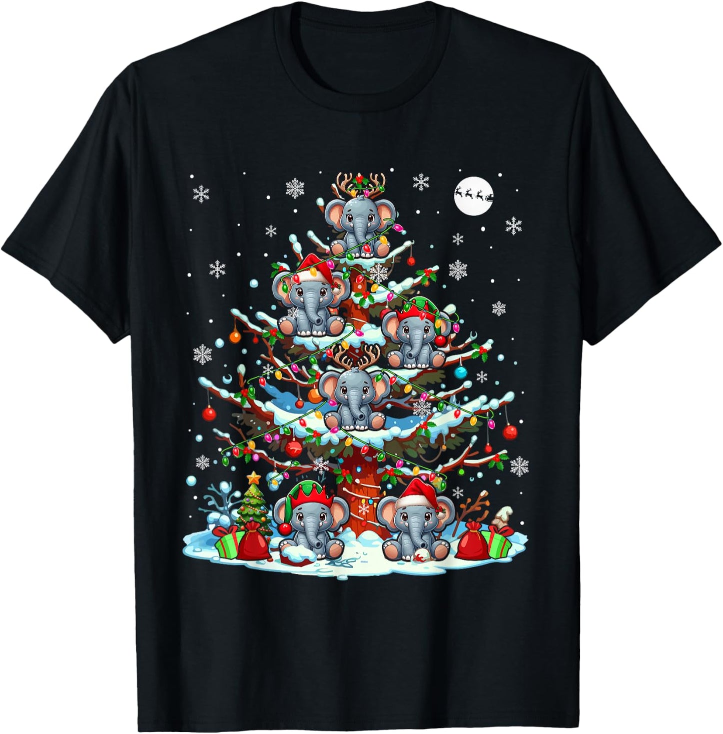 Group Santa Reindeer Elf Elephants On Christmas Tree T-Shirt - T-Shirt | Black