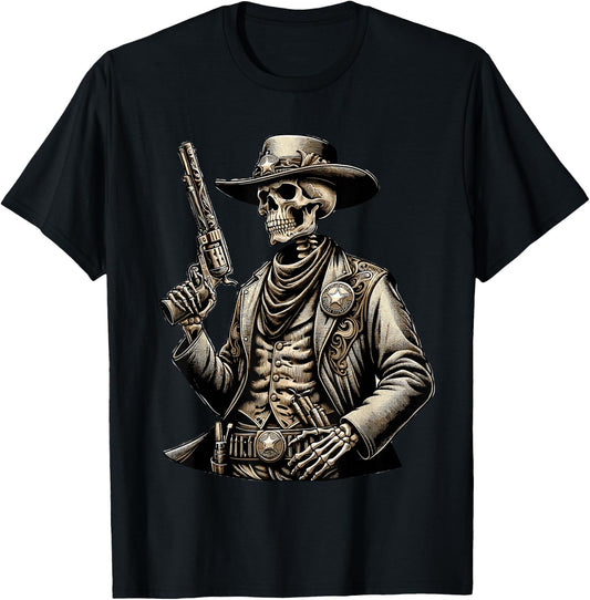 Skeleton Cowboy Gunslinger Outlaw Wild West T-Shirt - T-Shirt | Black