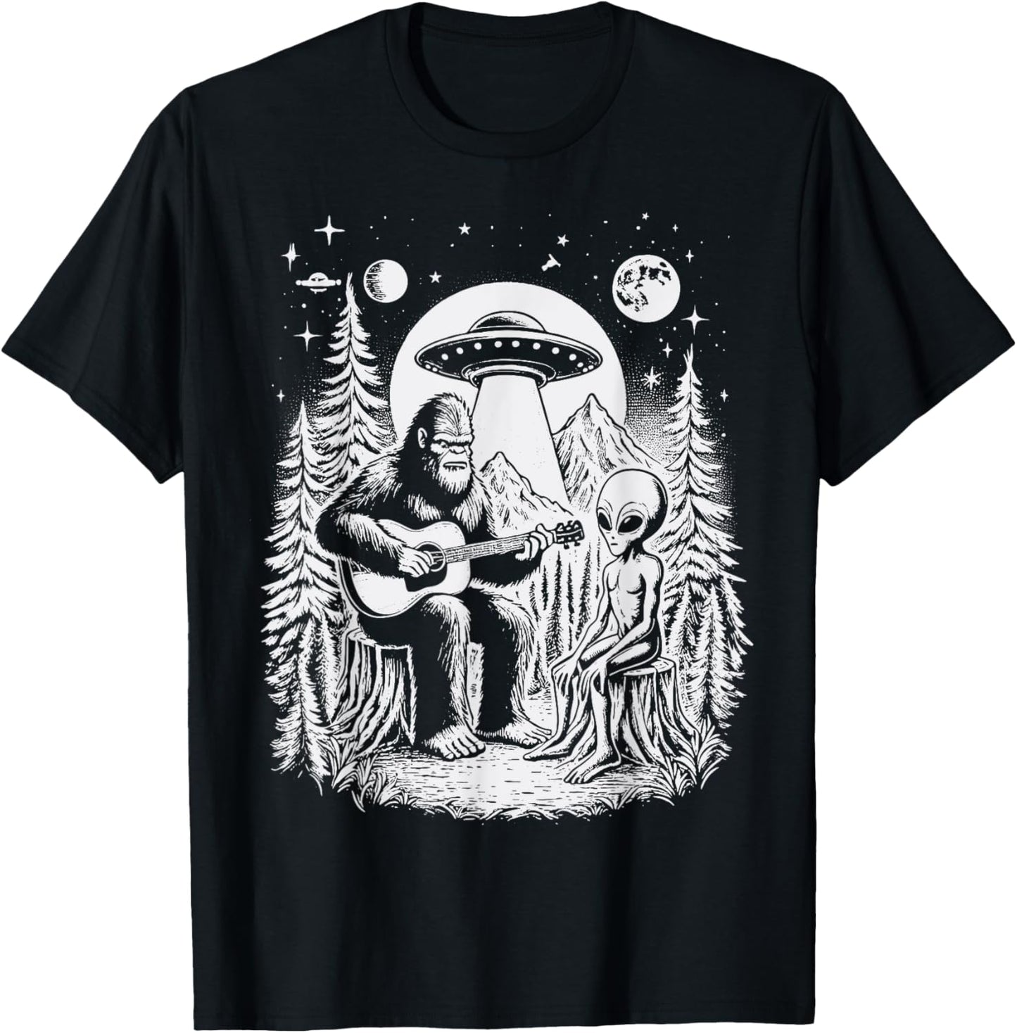 Bigfoot UFO Alien Around Campfire Nature Hiking Sasquatch T-Shirt - T-Shirt | Black