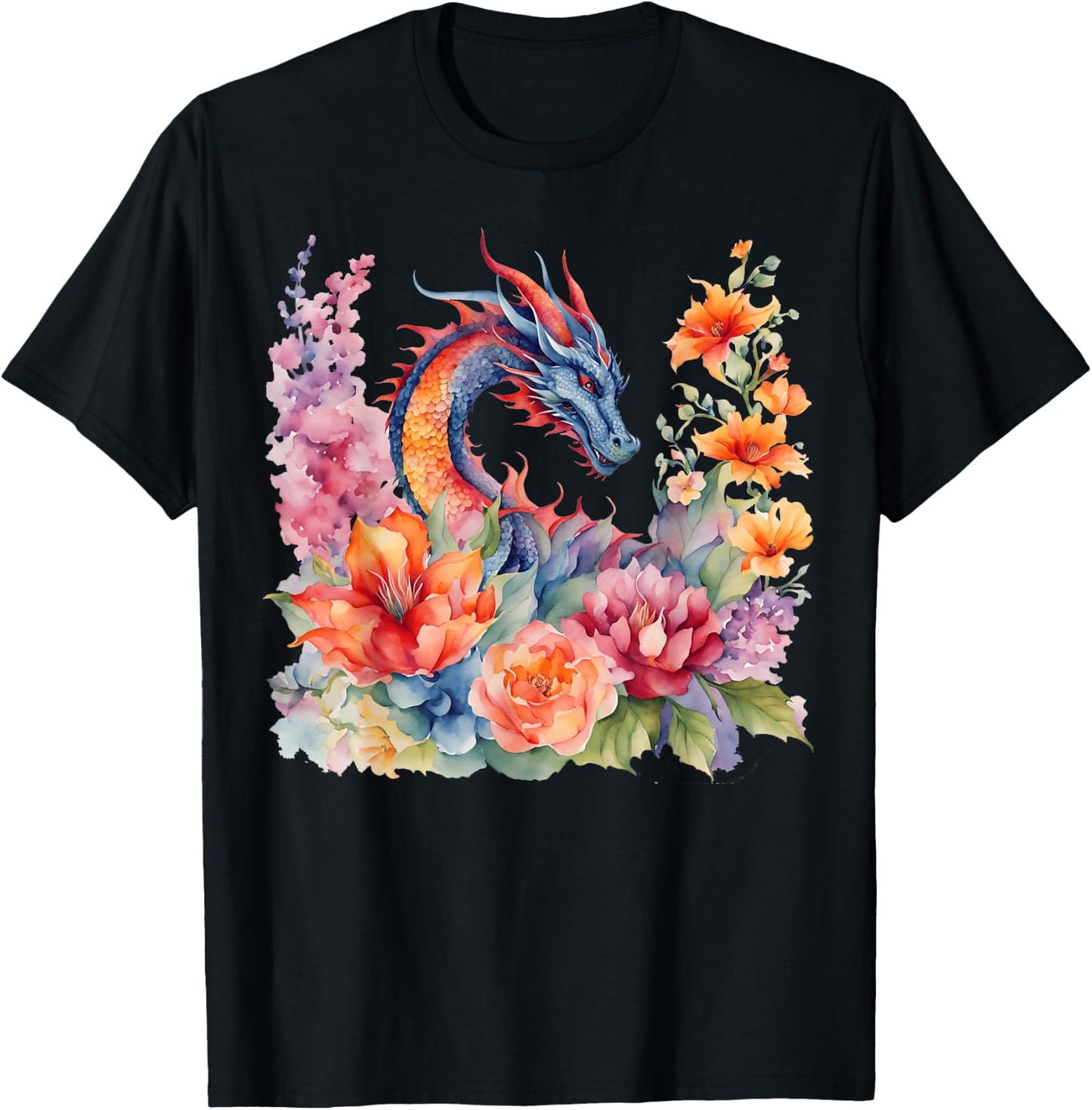 Watercolor Dragon Flowers Beautiful Art Colorful Graphic T-Shirt - T-Shirt | Black
