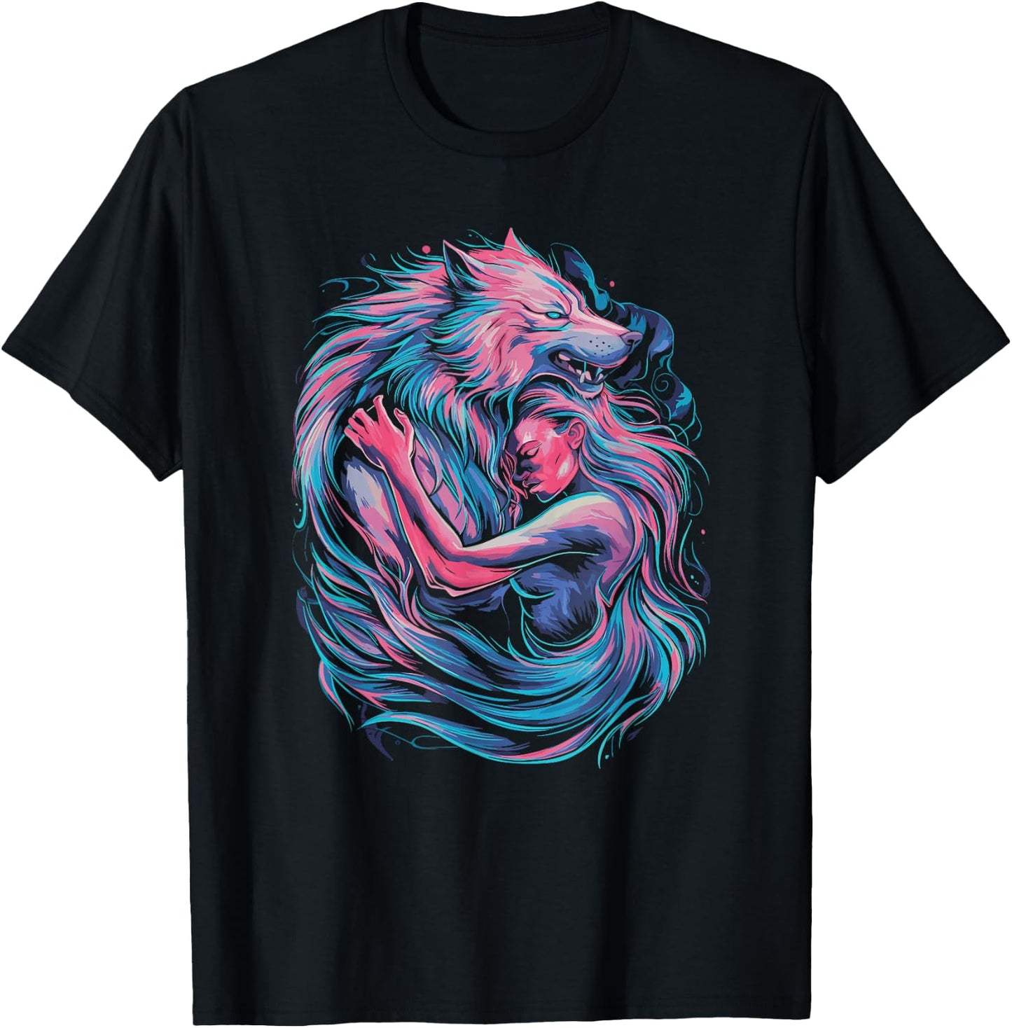 Therian art with a girl and a wolf entwined T-Shirt - T-Shirt | Black