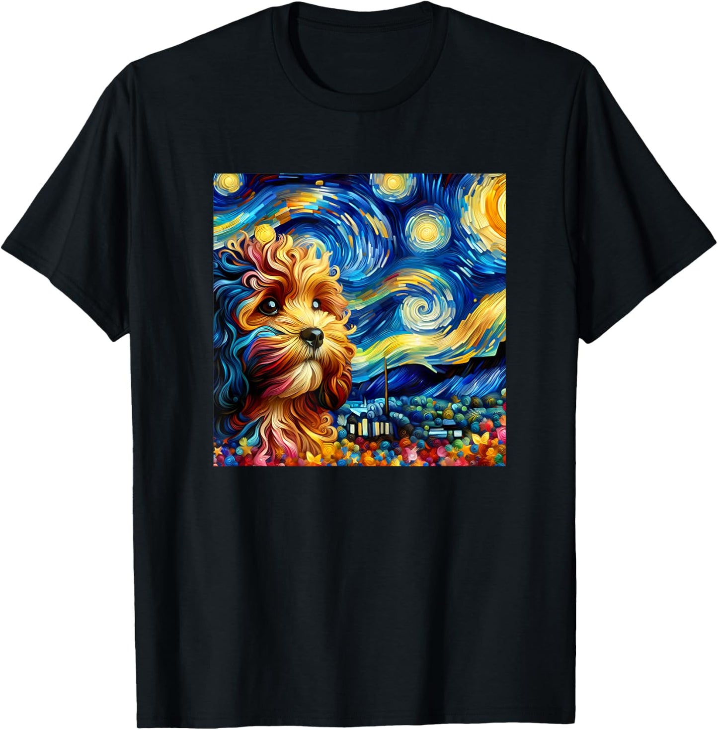 Cute Cavapoo Starry Night Painting Style Dog Art Women Kids T-Shirt - T-Shirt | Black