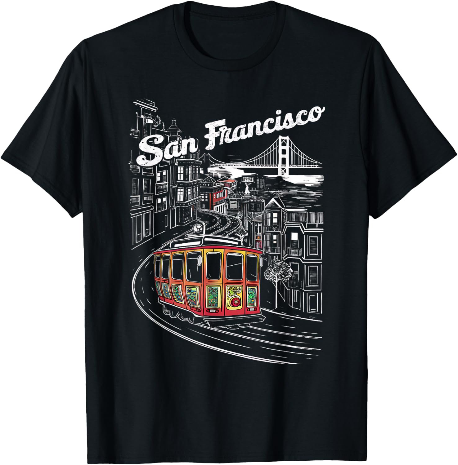 Historic San Francisco Cable Car Vintage SF Illustration T-Shirt - T-Shirt | Black