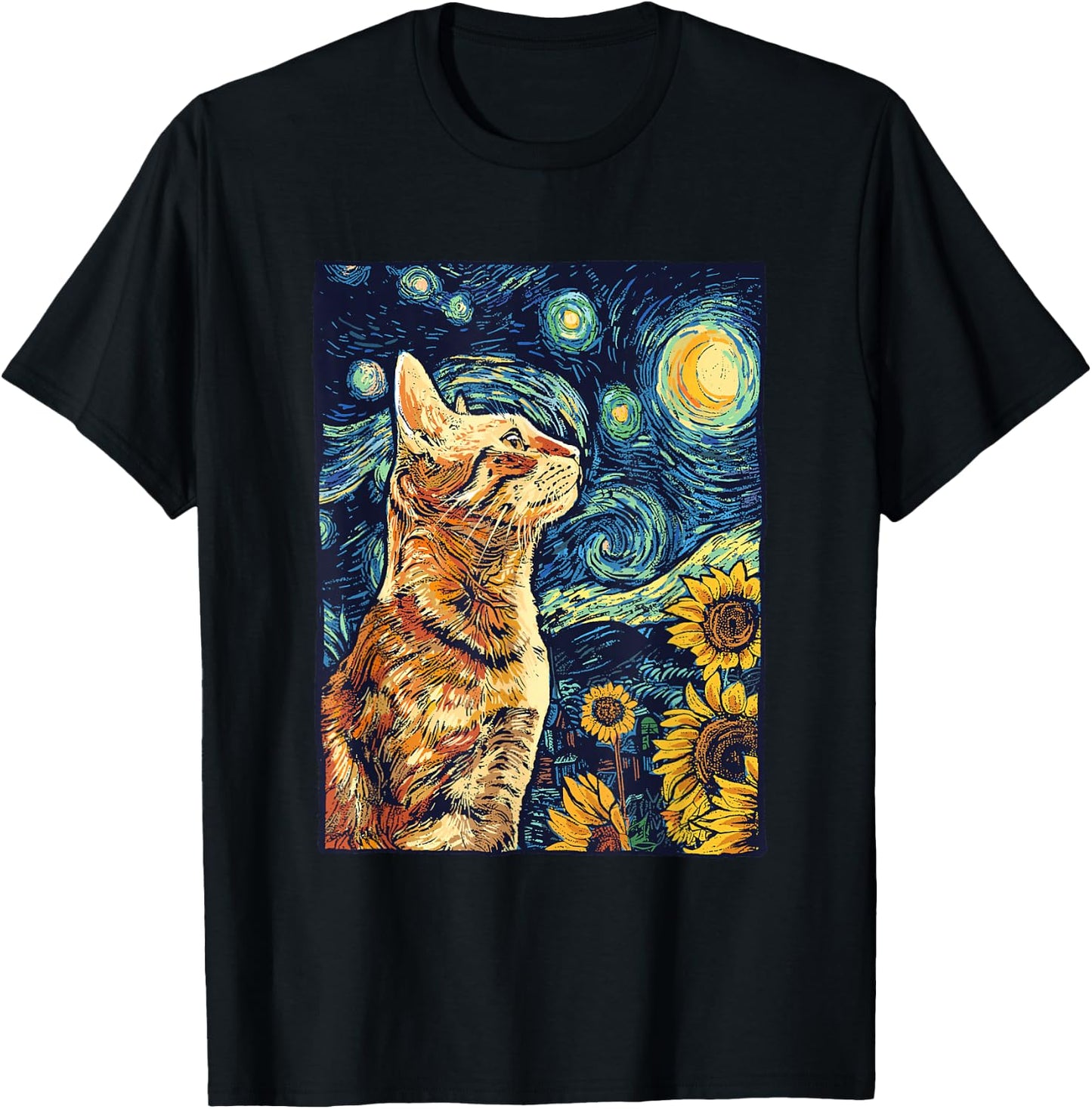 Van Gogh Starry Night Cat Shirt Van Gogh Cat Painting T-Shirt - T-Shirt | Black