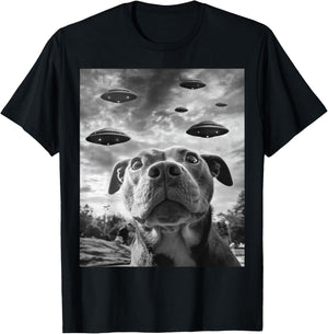 Funny Dog Pitbull Selfie with UFOs Alien Novelty T-Shirt - T-Shirt | Black