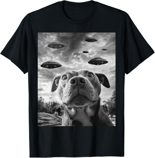 Funny Dog Pitbull Selfie with UFOs Alien Novelty T-Shirt - T-Shirt | Black