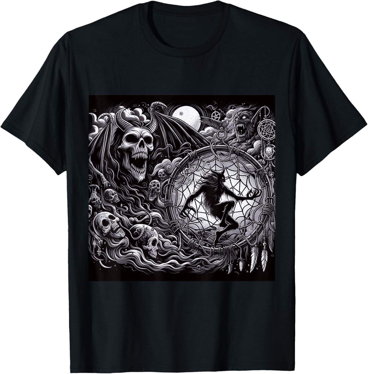 Demonic Occult Dreamcatcher Possessed Spiritual Horror Print T-Shirt - T-Shirt | Black