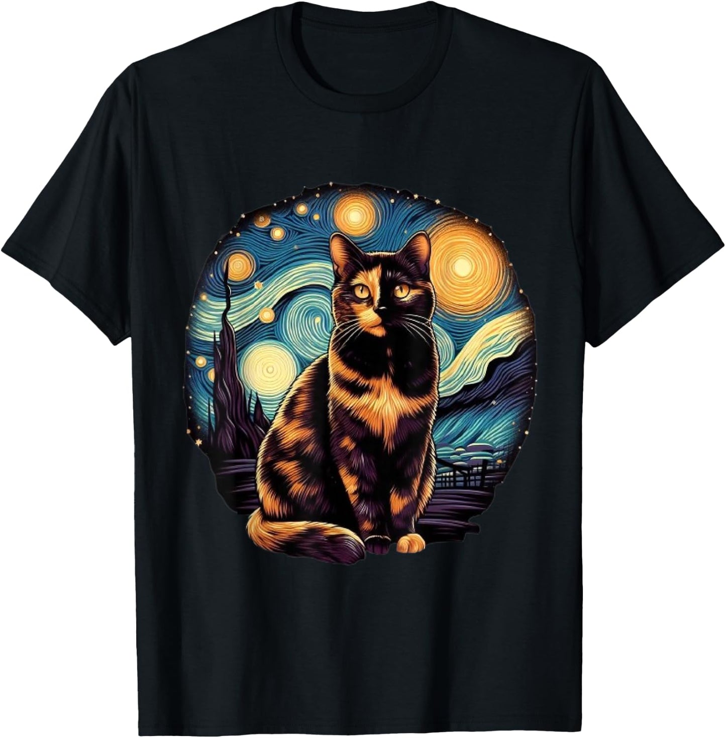 Tortoiseshell Tortie Starry Night Kitty Cat Art Men Women Kids T-Shirt - T-Shirt | Black