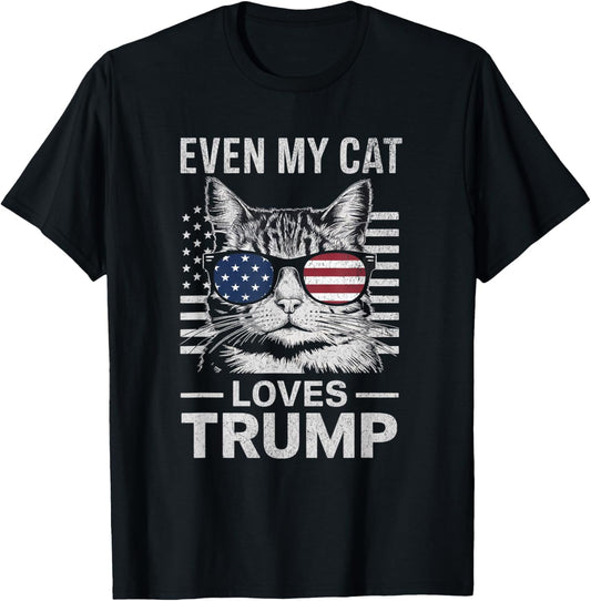 Cat Sunglasses USA Flag Even My Cat Loves Trump T-Shirt - T-Shirt | Black