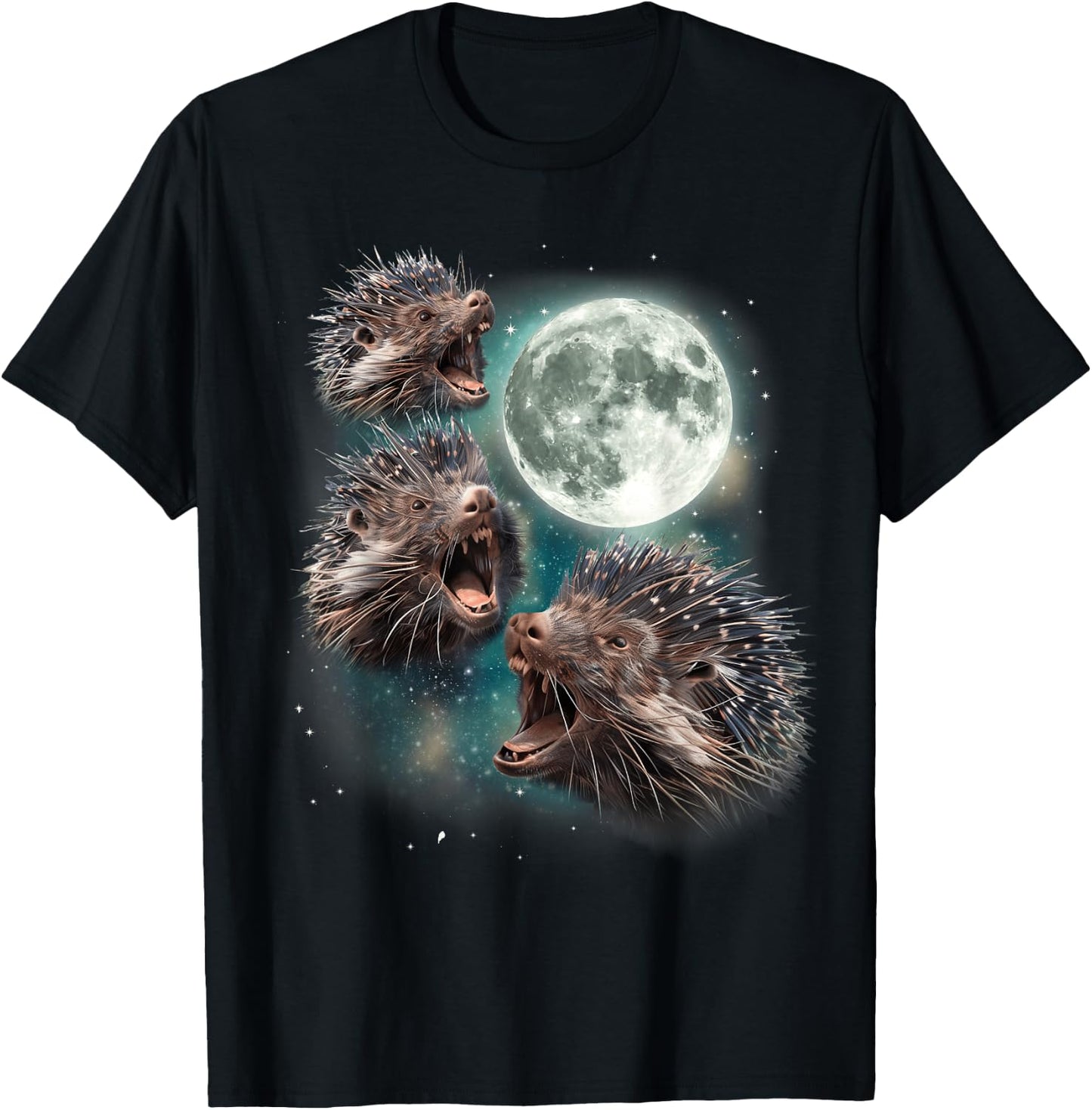 Three Porcupine Moon | Funny 3 Howling Quill Pig Parody Meme T-Shirt - T-Shirt | Black