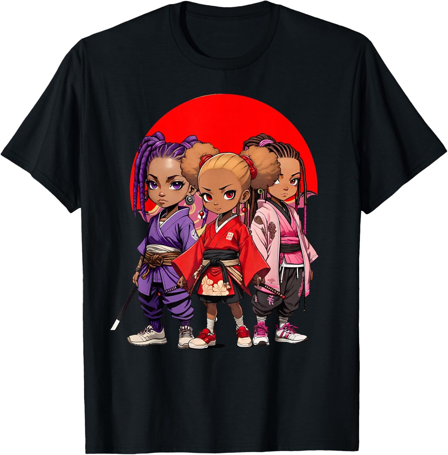 Samurai Girls Anime Afro | Japanese Retro Style Natural Hair T-Shirt - T-Shirt | Black