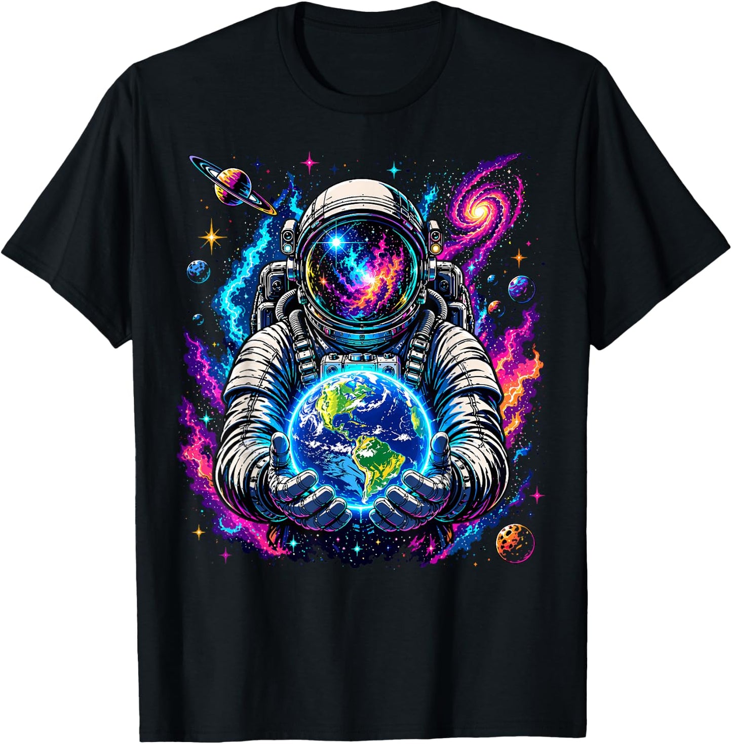 Astronaut Holding Planet Space Science T-Shirt - T-Shirt | Black