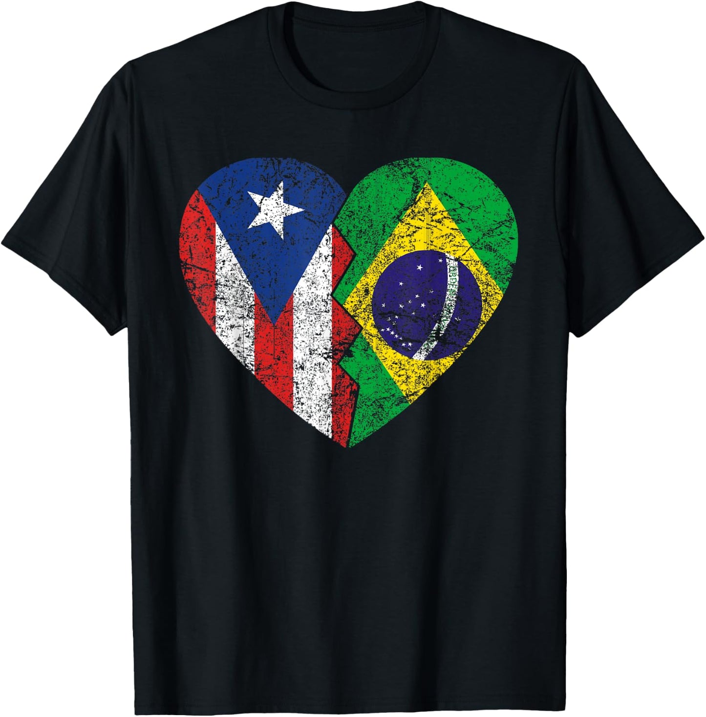 Brazilian Puerto Rican Flags Heart | Puerto Rico Brazil T-Shirt - T-Shirt | Black