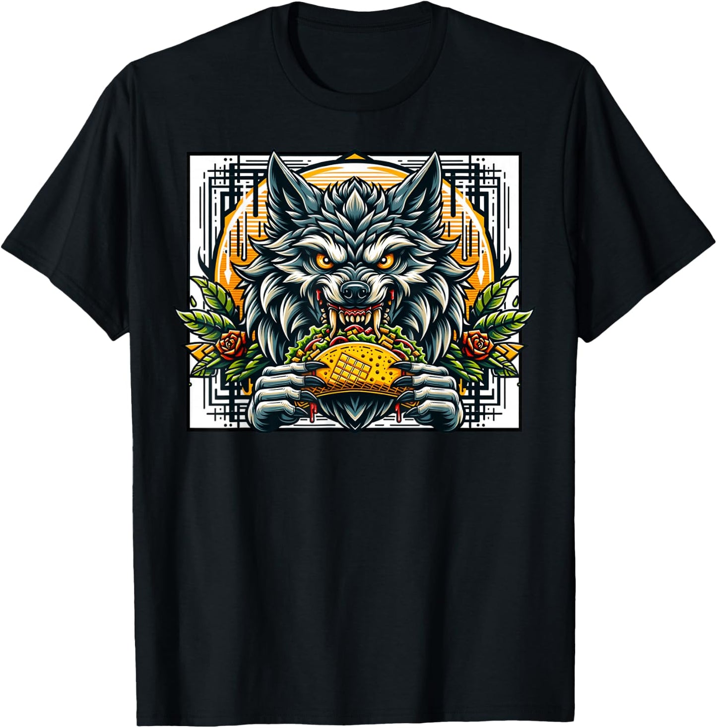 Wolf Eating Taco Fantasy Art Mexican Food And Drinks T-Shirt - T-Shirt | Black