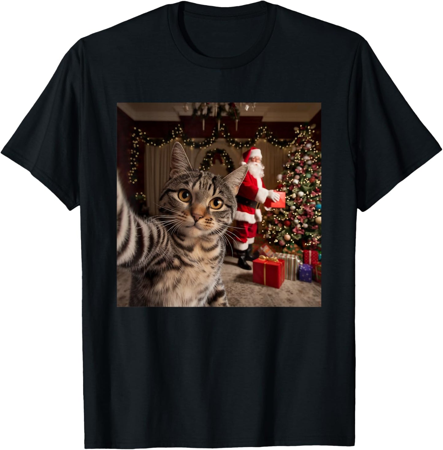 Christmas Cat Selfie with Santa Claus Cute Holiday Photo T-Shirt - T-Shirt | Black